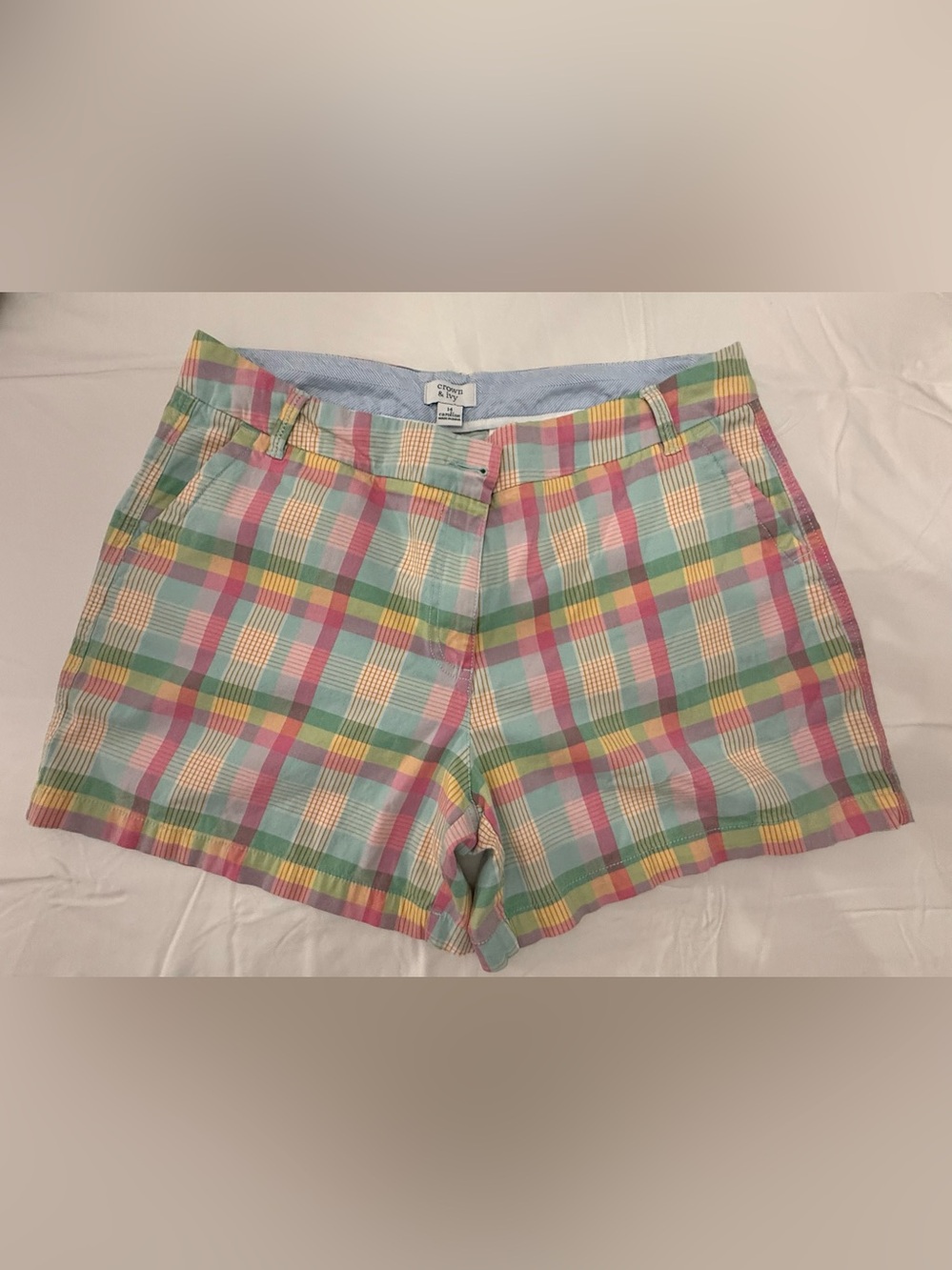 Crown & Ivy Pastel Plaid Cotton Blend Shorts in Mint, Pink & Yellow Size 14